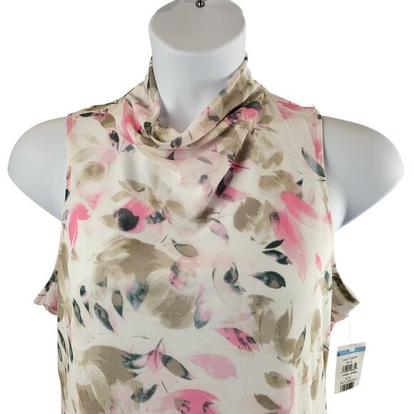 NEW Vince Camuto Large Mesh Mock Neck Sleeveless Blouse Pink White Petal Print - Picture 6 of 10